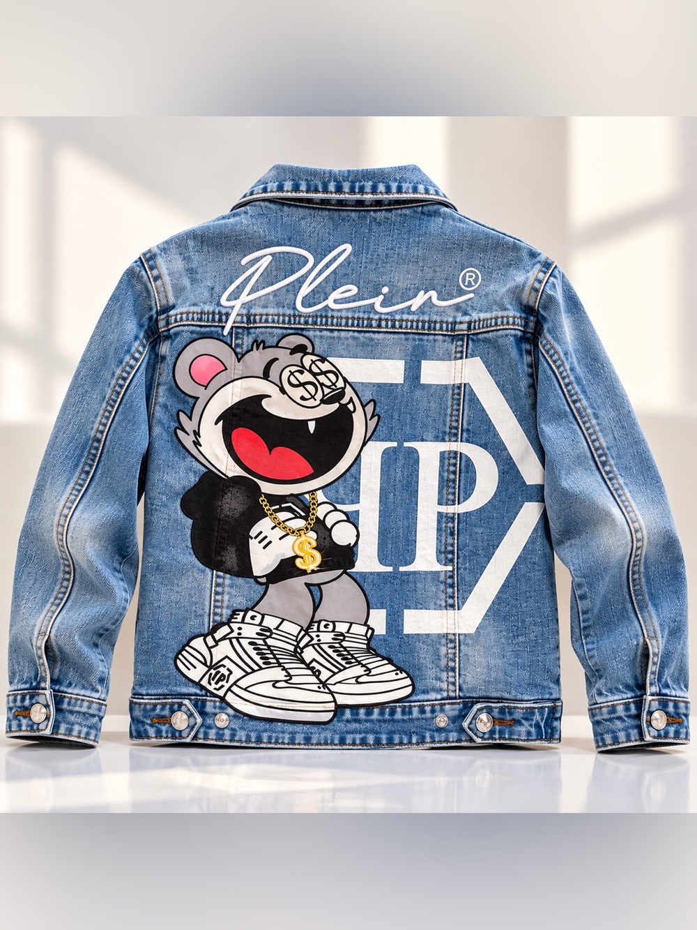 Philipp Plein Junior Teddy Bear Denim Jacket Size 4Y Red Quilted Lined NWOT